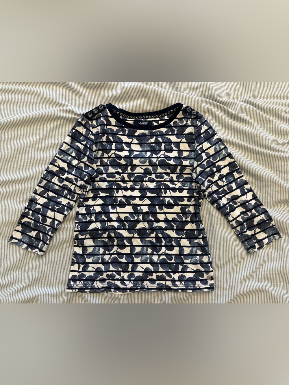 Navy and Cream Striped Leaf Print Top